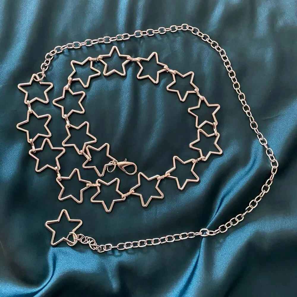 Silver Y2K Open Star Link Cutout Waist Chain Belt, Fits 21-38 Inches, X7GA1415